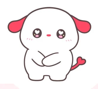 ハートの目とピンクの耳、しっぽを持つ、白い子犬のようなかわいいキャラクターのイラスト。愛らしい表情で少し照れたようなポーズをとっています。