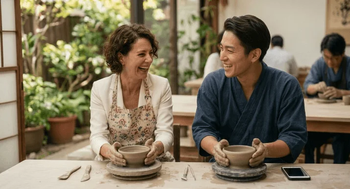 陶芸ワークショップで男女が笑顔で粘土をこね、器を作っている様子です。二人とも楽しそうに会話しており、和やかな雰囲気の中で創造的な時間を過ごしています。