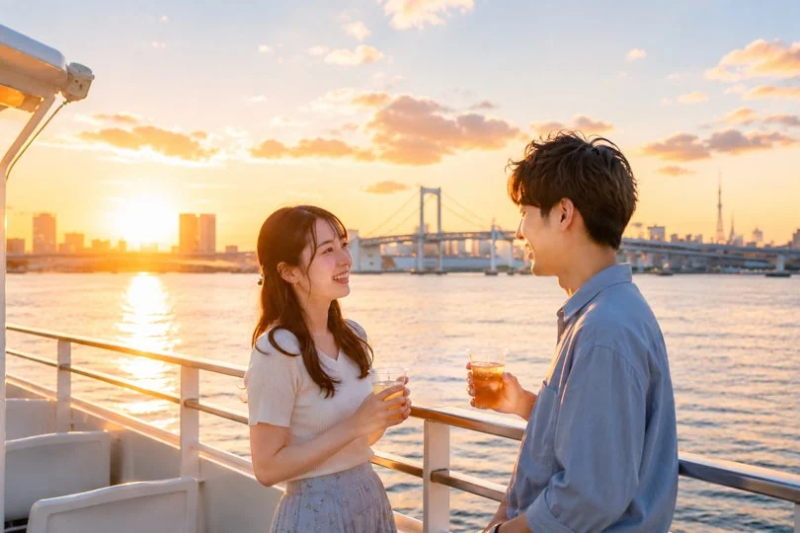 夕焼けに染まる船上でのカップル