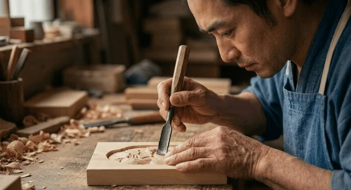 木製の作業台で、一人の職人が集中して木彫り作業をしている様子。ノミを使い、丁寧に木材を彫り進めている。周囲には木屑が散らばり、手仕事の温かさと職人技が伝わる一枚。