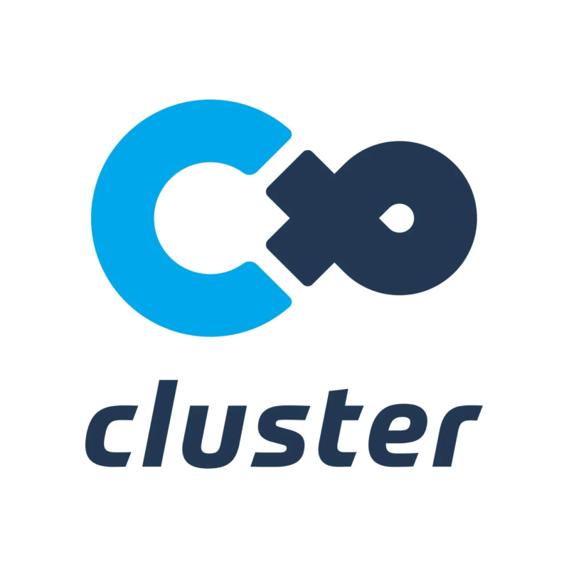 青と紺色の抽象的なロゴマークと「cluster」という文字が書かれた画像