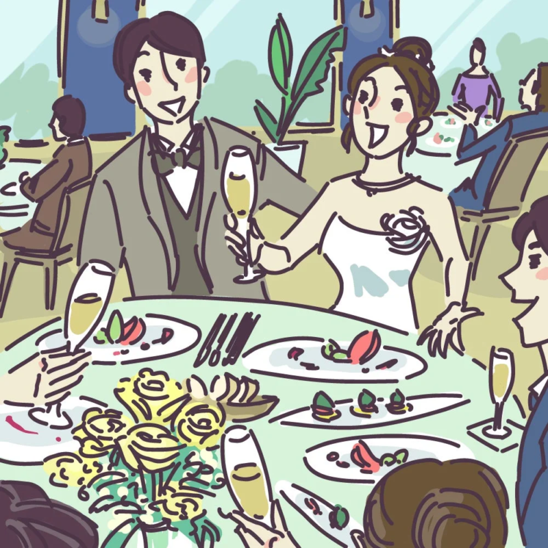 結婚式の披露宴で、新郎新婦が笑顔でシャンパンを片手に乾杯している様子を描いたイラストです