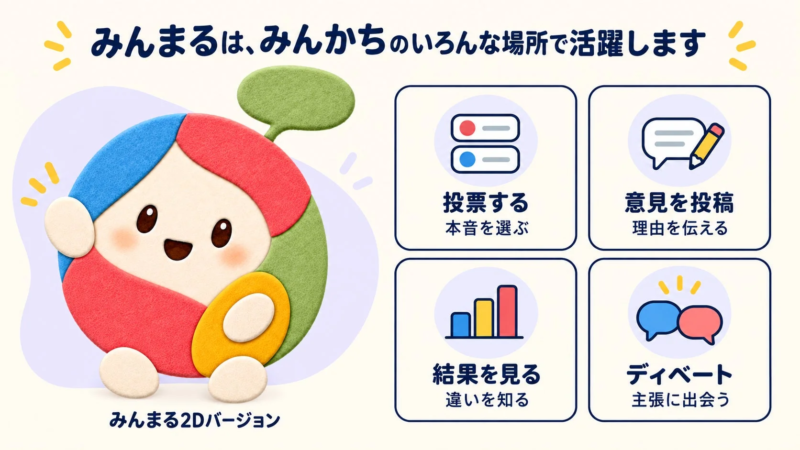 みんまるは、みんかちのいろんな場所で活躍します
